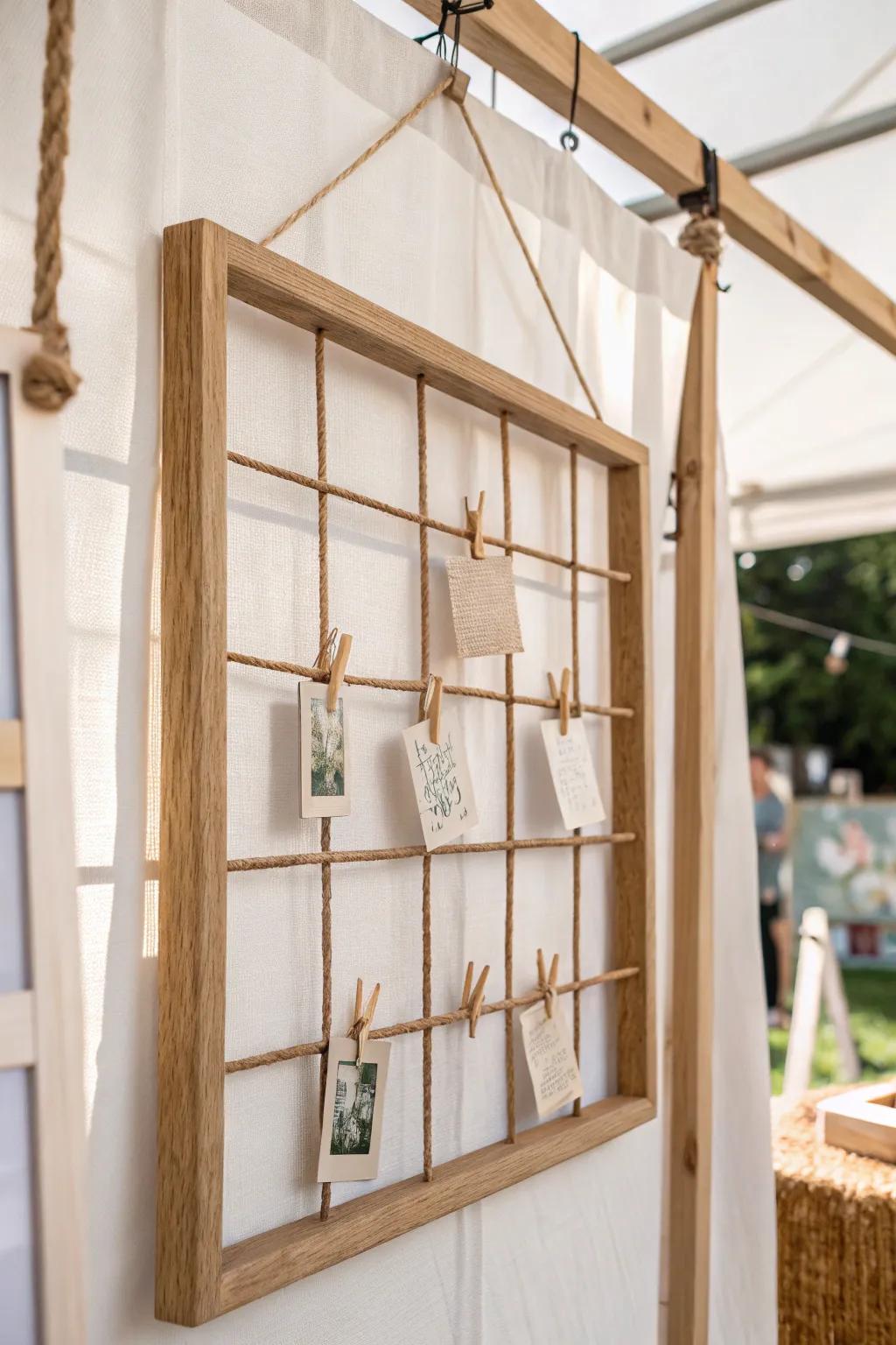 Save booth space with a simple overhead oak grid—hang lightweight samples for airy impact.