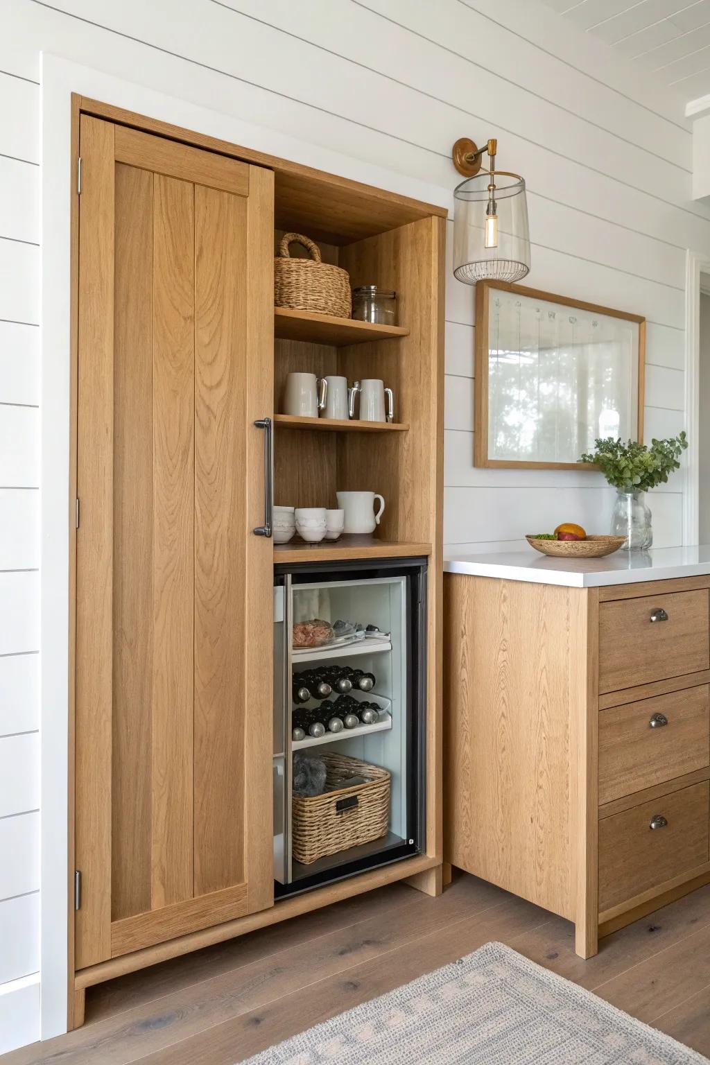 Turn a forgotten closet into a tidy mini cabin beverage station with warm wood and hidden storage.