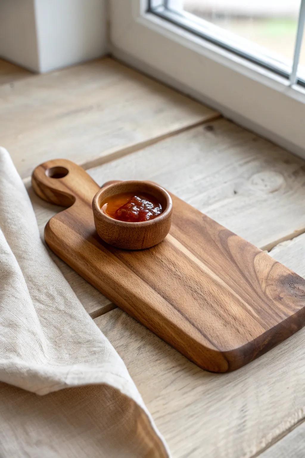 A tiny resin “pond” dip pocket makes this petite cheese board perfect for honey or jam.