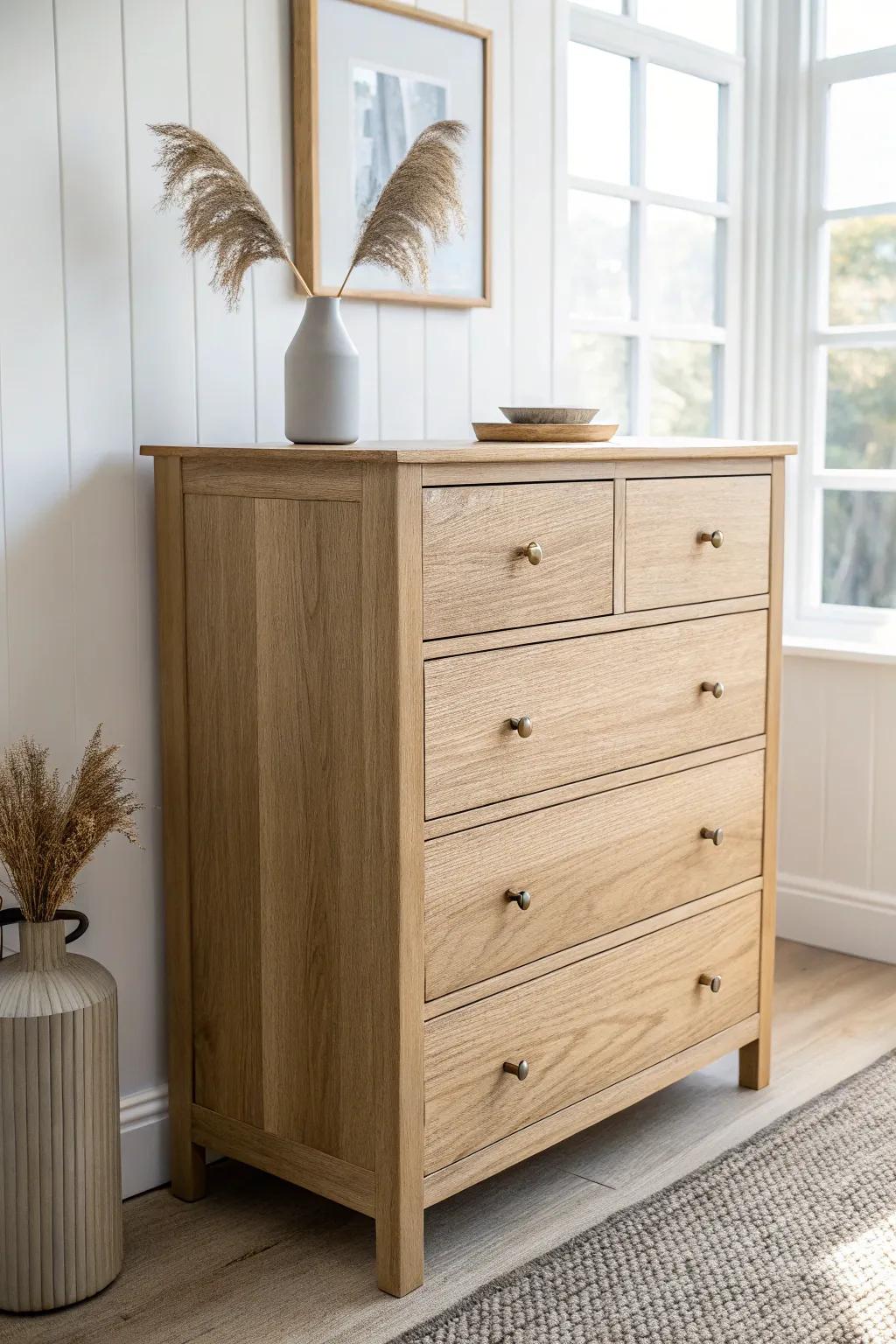 Slim oak dresser with simple brass knobs—warm, airy storage for a small coastal bedroom.