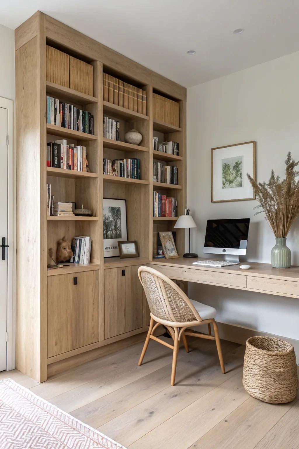 A bookcase-wrapped corner desk that turns a tiny nook into a calm, built-in home library.