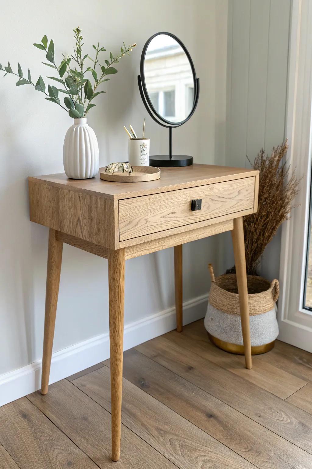 Old side table, new vanity—warm wood grain, fresh pull, and a minimalist mirror moment.