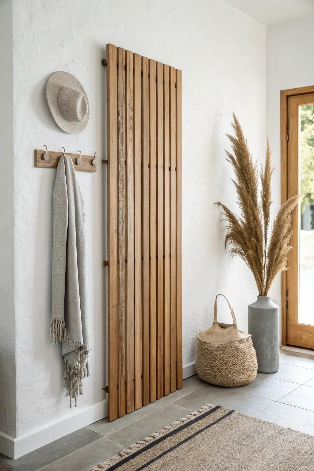 A sleek slatted wood wall hides the hooks—clean entryway style with warm craftsmanship.
