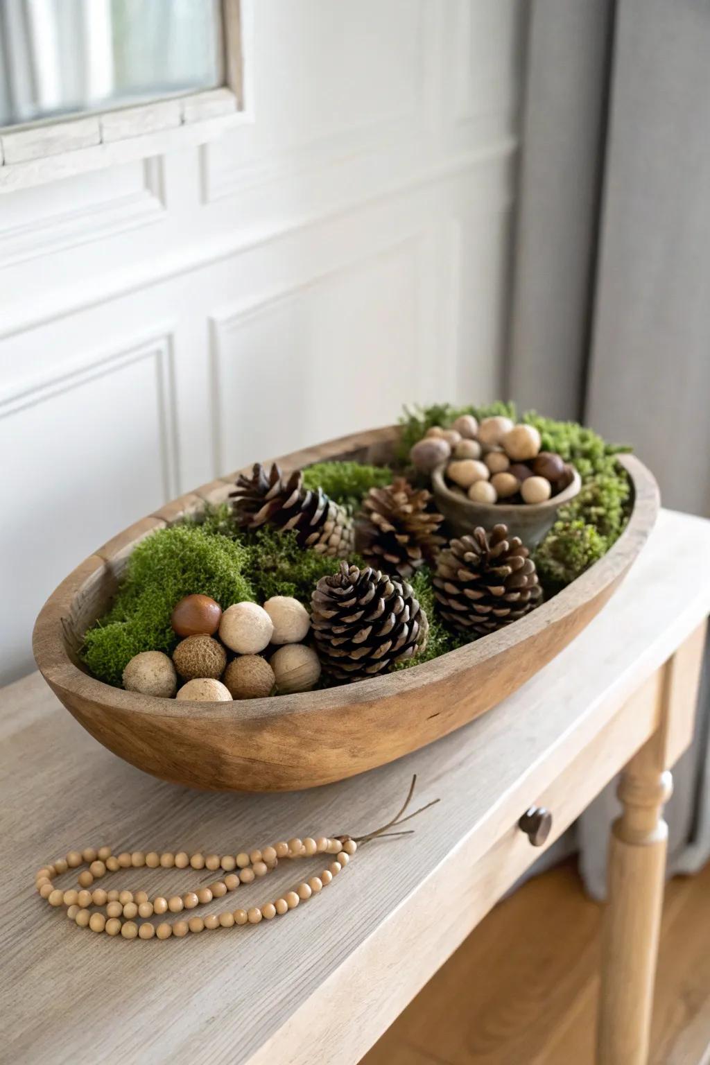 Style a warm wooden dough bowl with pinecones, moss, and beads for a calm entry table.