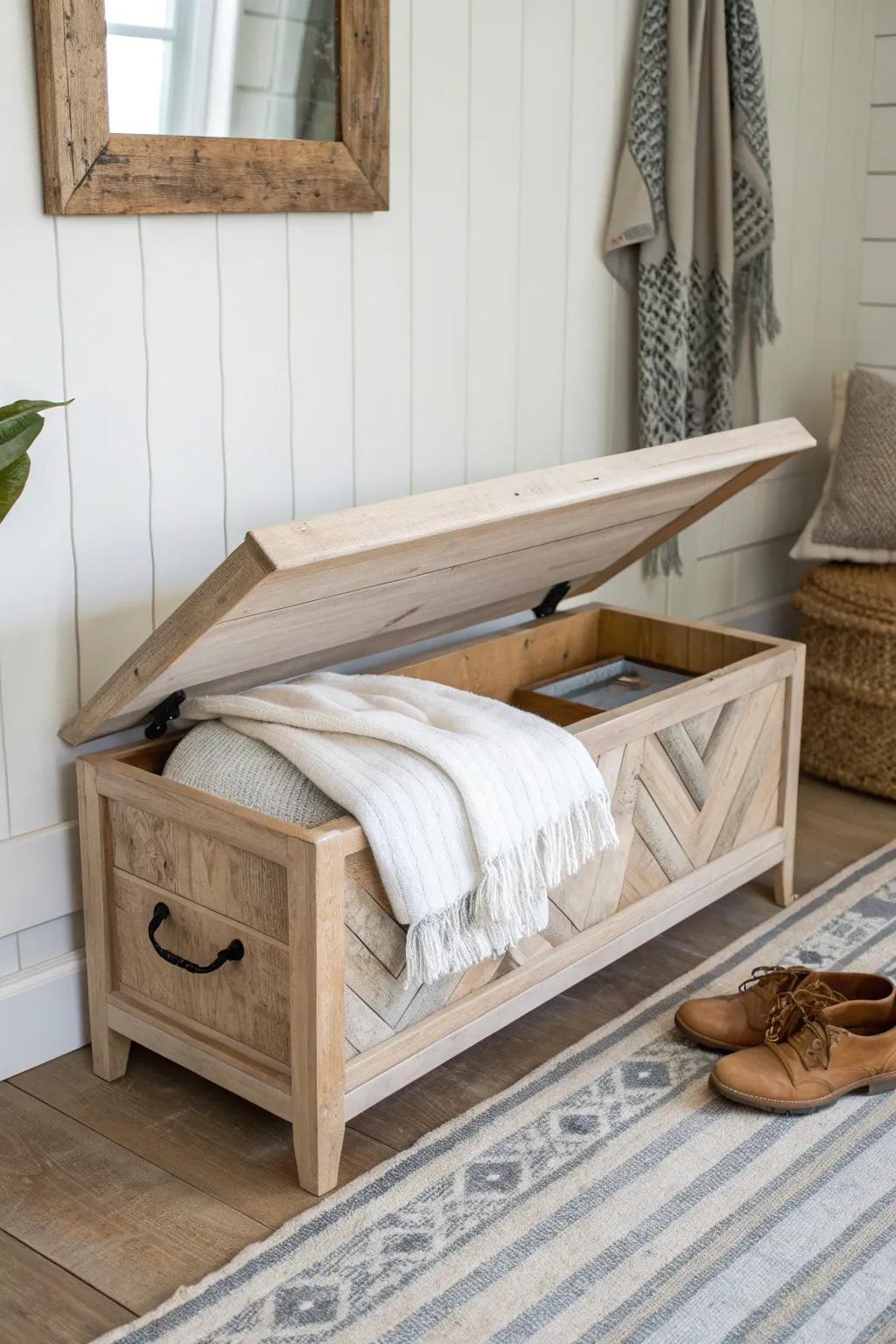 Slim lift-top storage bench in reclaimed wood—farmhouse charm with hidden space for quilts.