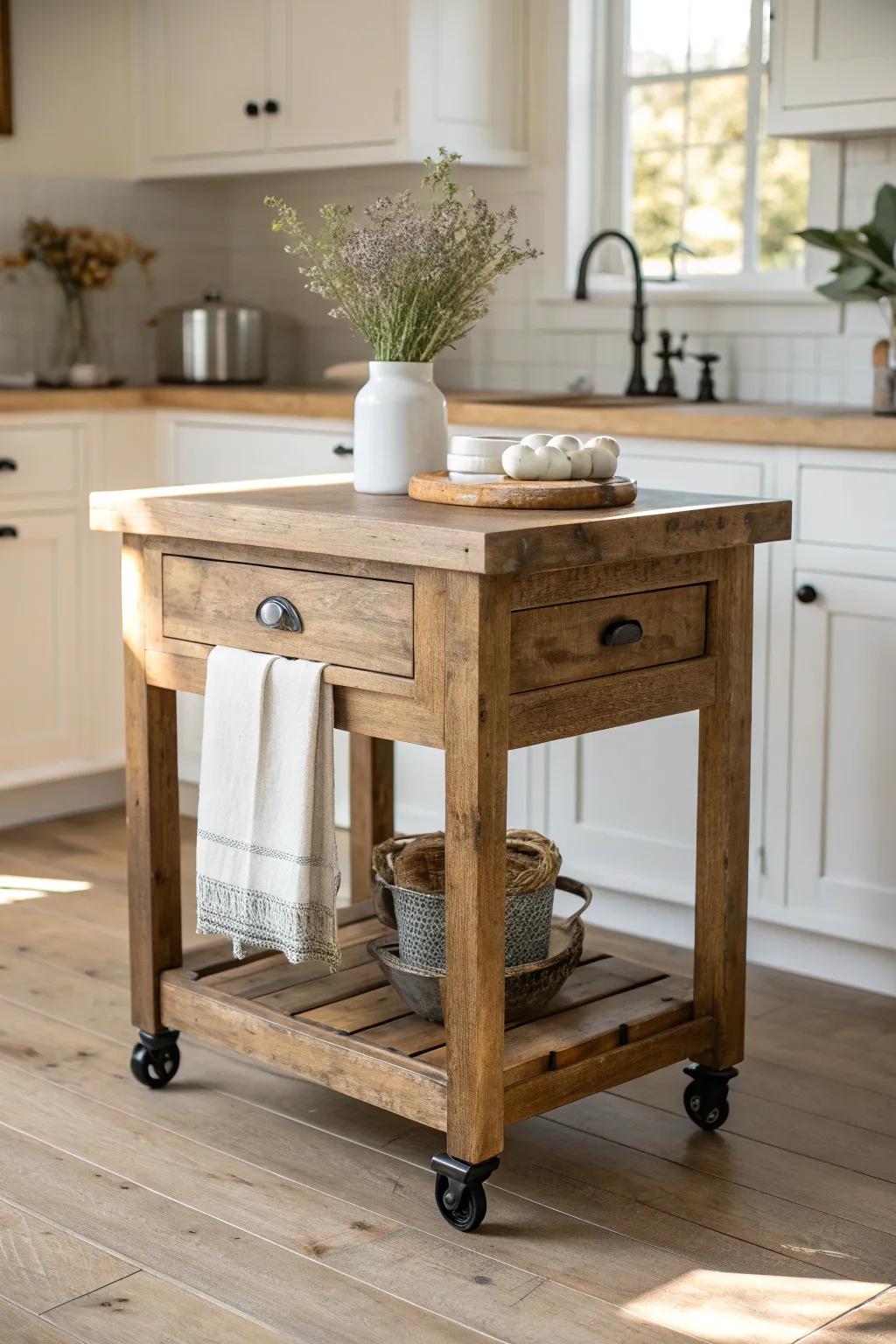 Petite rolling island from salvaged wood—extra prep space with cozy farmhouse charm.