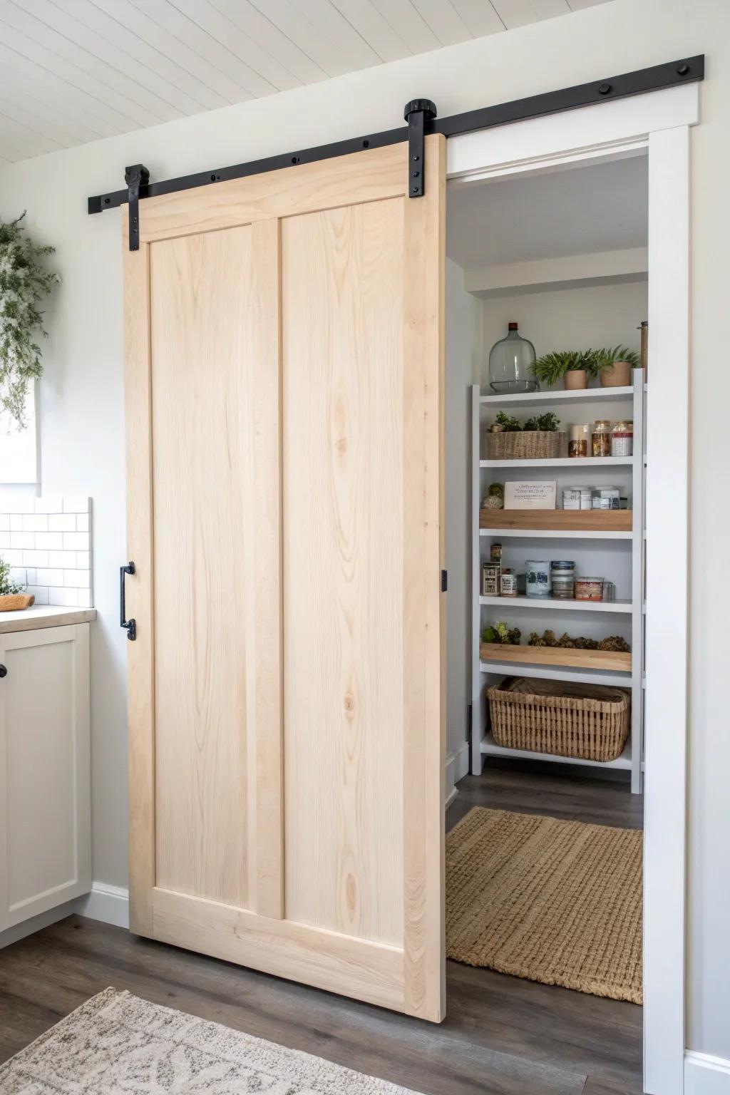 Budget-friendly plywood sliding pantry door for a cozy farmhouse look—space-saving and beautiful.