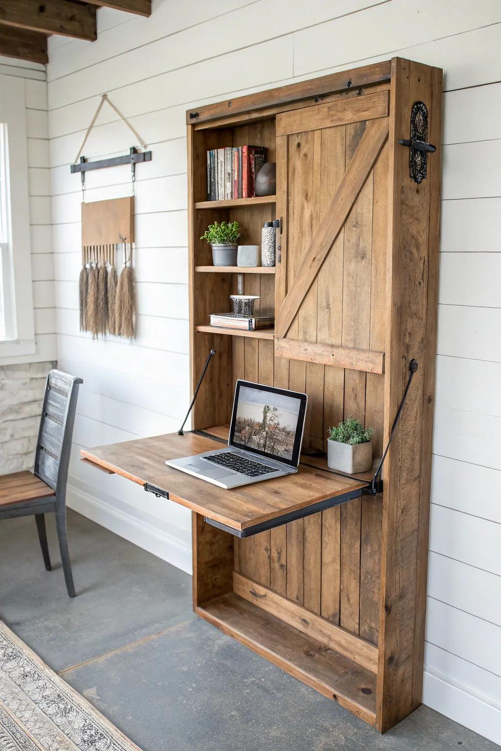 A reclaimed door becomes a fold-down farmhouse desk—space-saving, beautiful, and handcrafted.