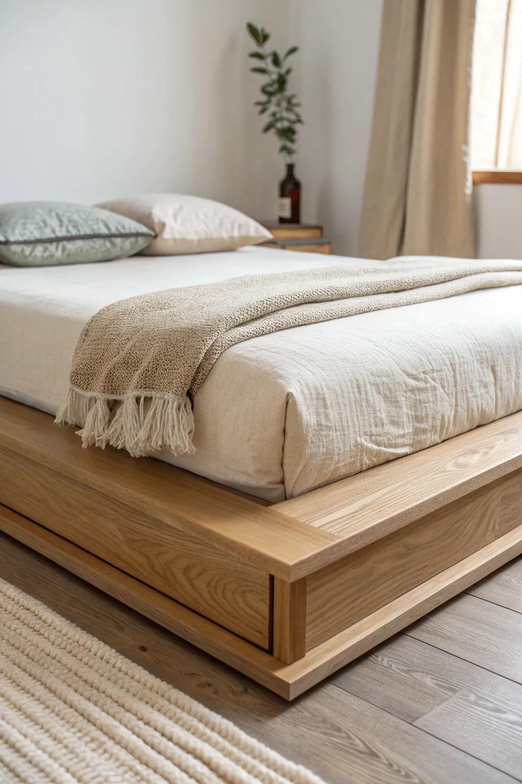 A mini oak platform lifts the bed zone—Japanese calm with hidden storage and clean lines.