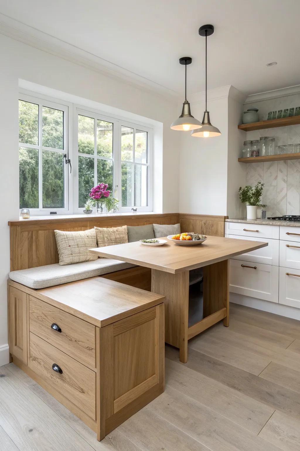 A built-in banquette on your island creates a cozy eat-in nook with hidden storage—perfect for L-kitchens.