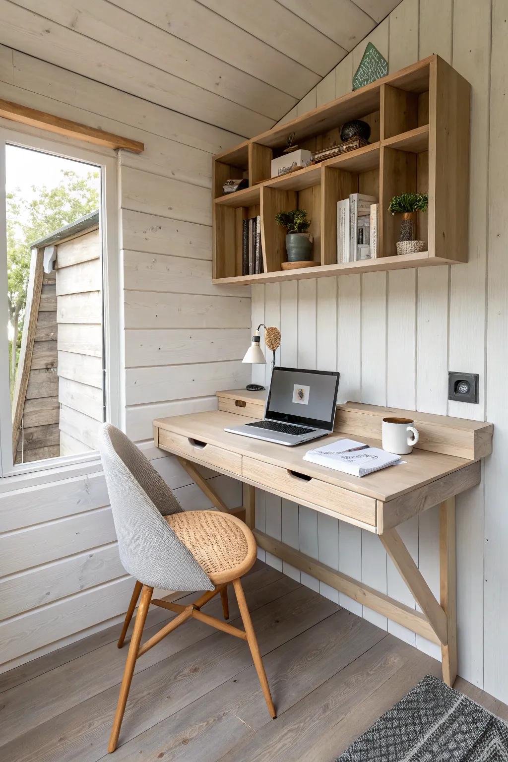 A slim floating desk nook that turns a small shed into an office—without losing the man cave vibe.