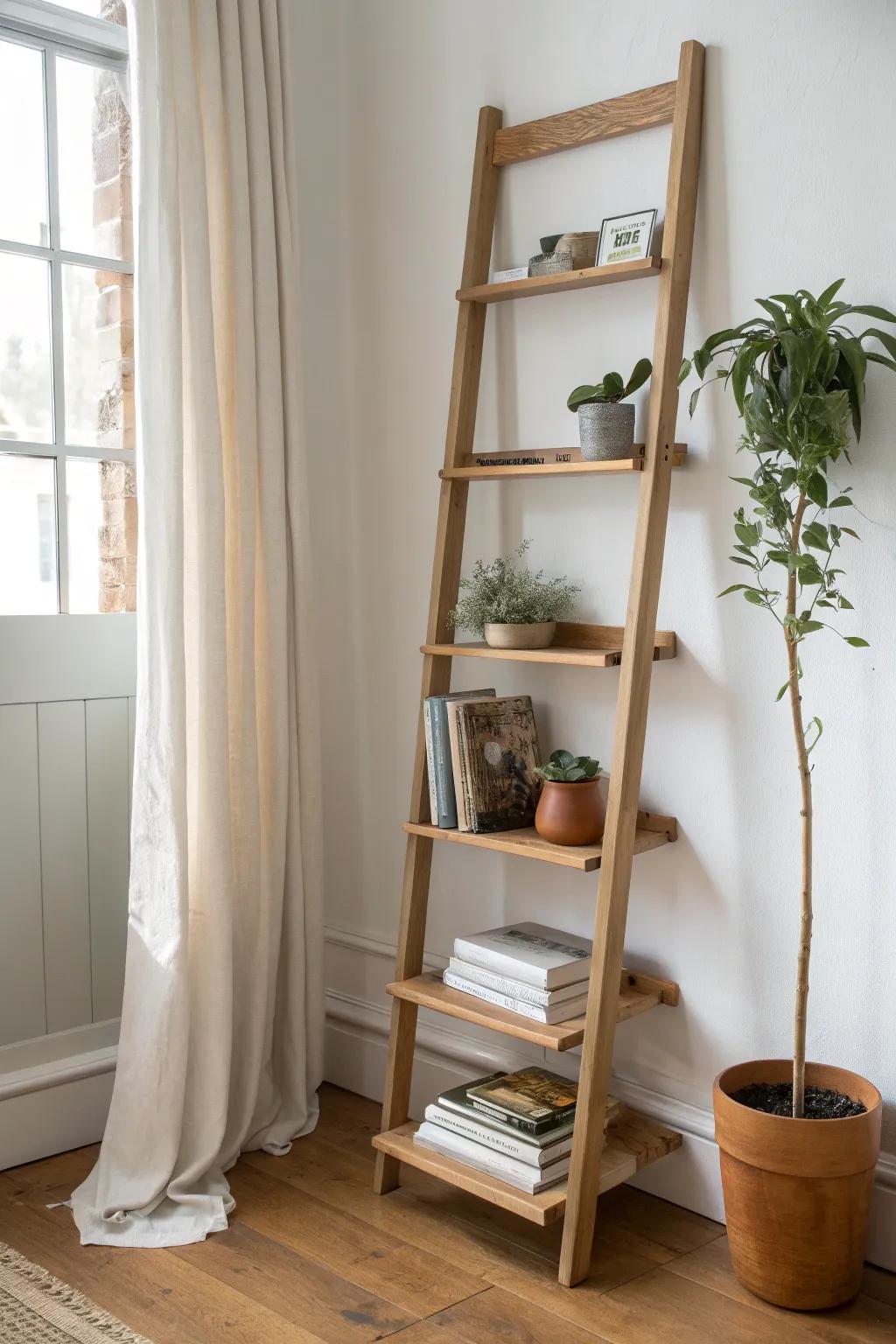 A space-saving leaning ladder shelf brings warm wood storage to any small-room corner.