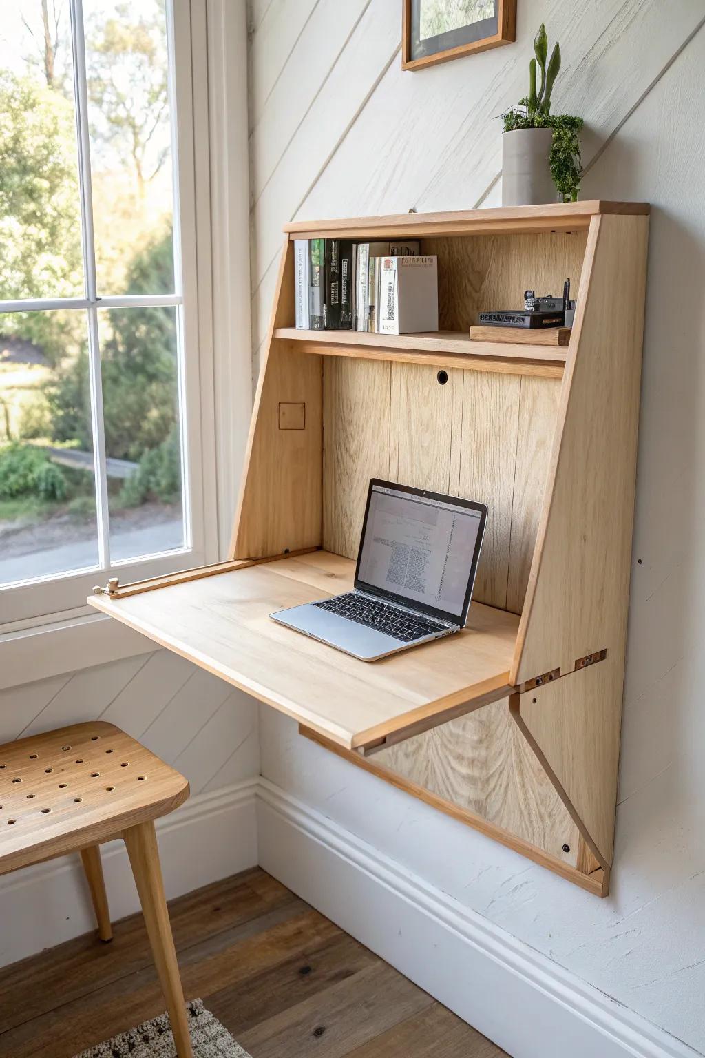 A wall-mounted fold-down plywood desk that vanishes after work—perfect for tiny sunrooms.
