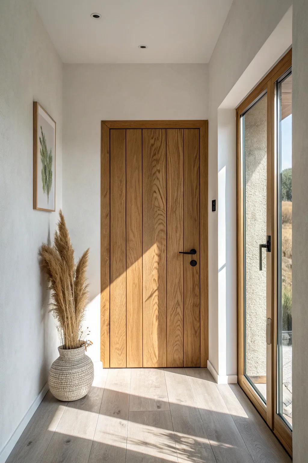 A secret wine room entrance: seamless oak panel door that opens like a private speakeasy.