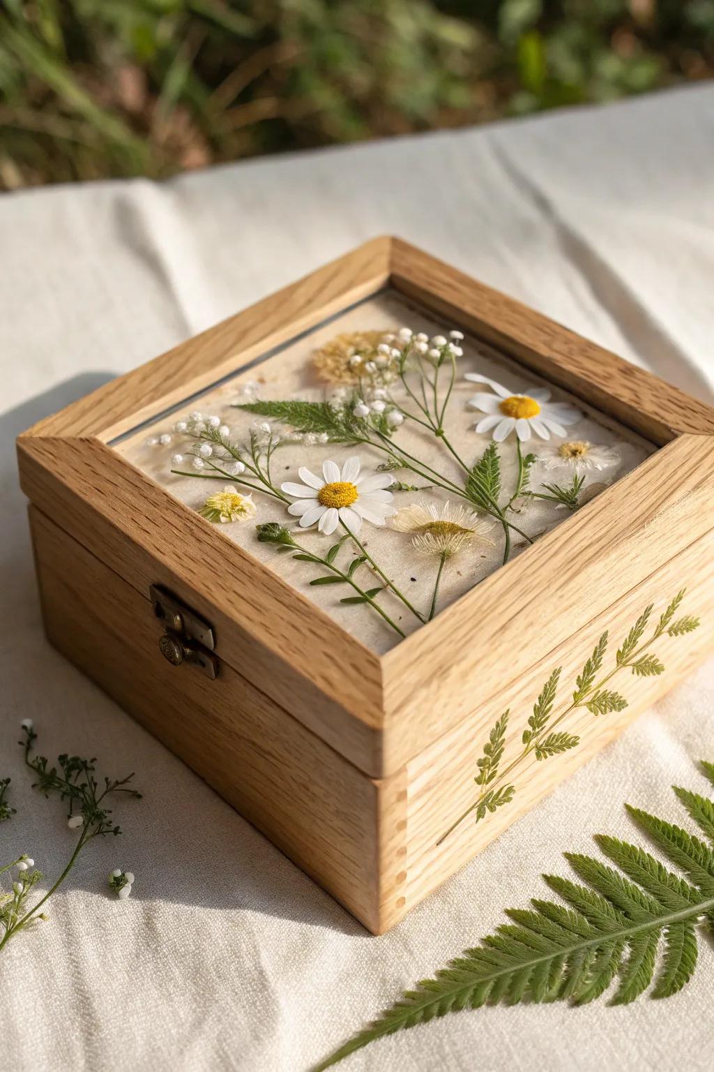 Pressed spring blooms sealed under a clear topcoat for a delicate, high-end wooden box lid.