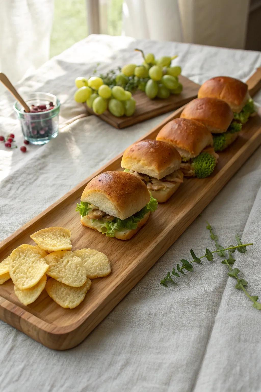 Bite-size slider snack parade on a handcrafted oak board—chips, pickles, and fruit for contrast.