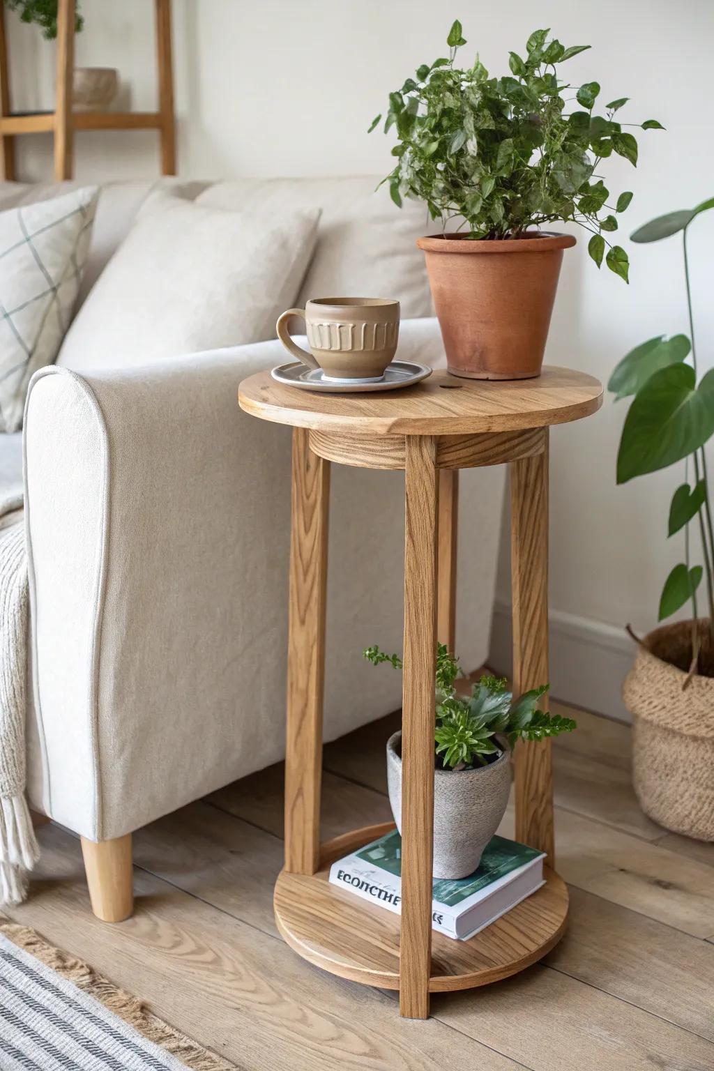 A plant stand becomes the perfect sofa side table—wood grain, greenery, and a mug-ready top.