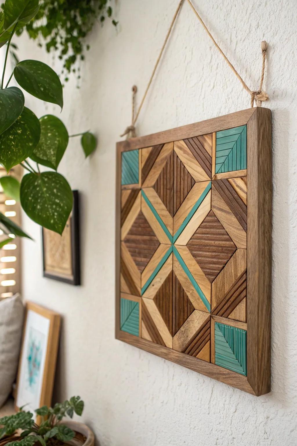Warm wood meets turquoise inlay—minimal Southwest-inspired mosaic with artisan contrast.