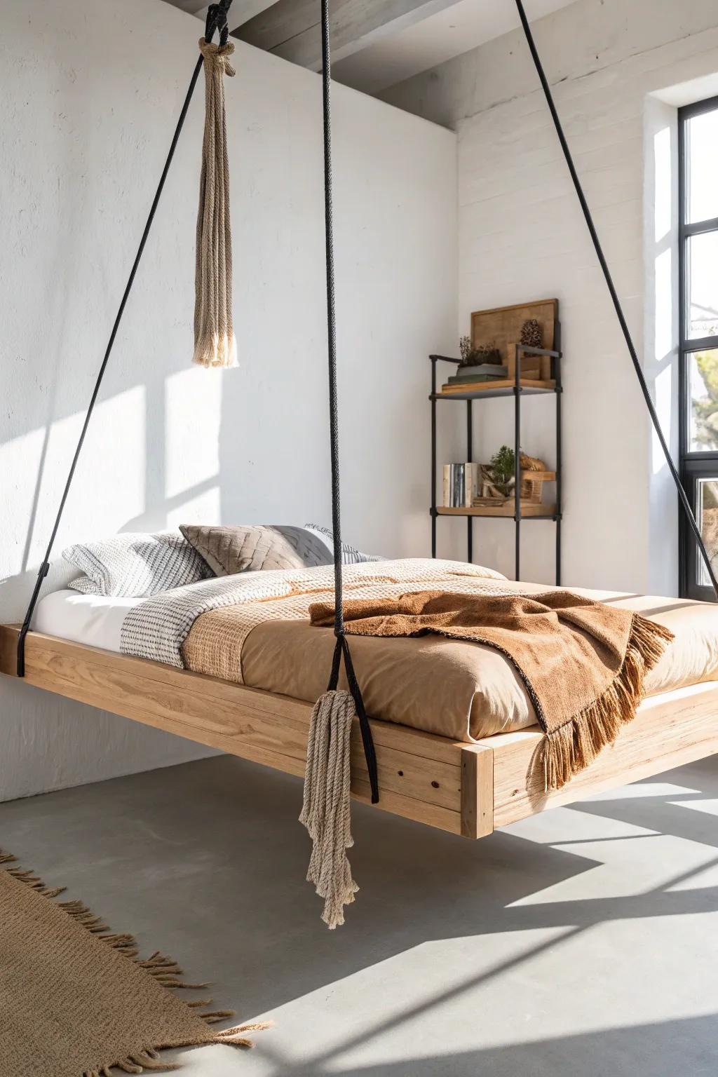 A ceiling-hung lift bed in pale oak—studio living with wow-factor space saving.