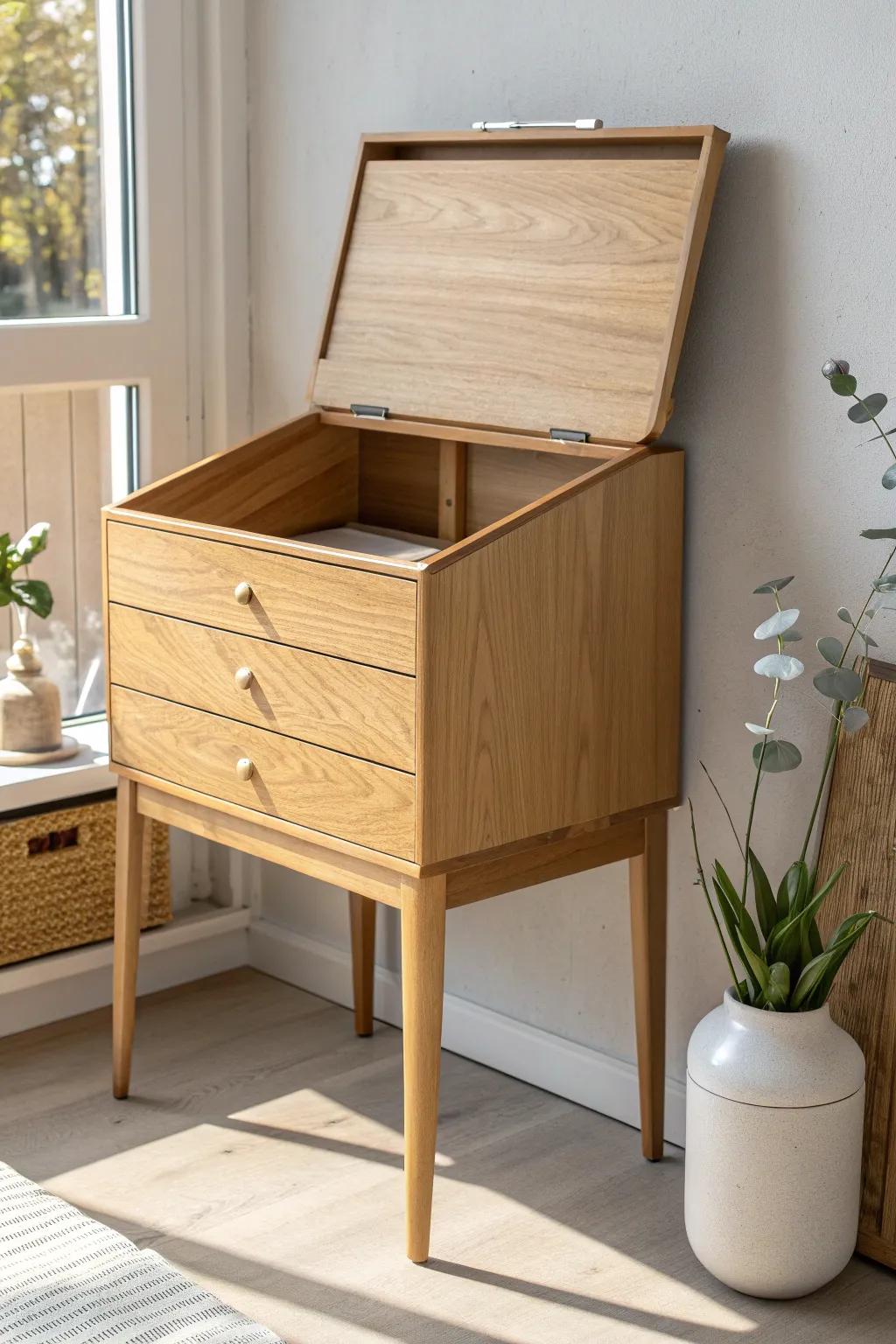 Flip-top vanity dresser: sleek oak storage that hides mirror and jewelry for a calm, clutter-free room.