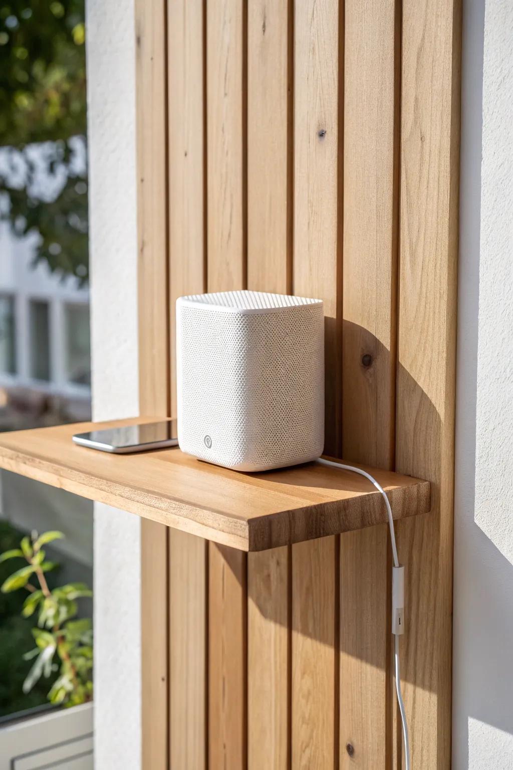 Pop-on speaker shelf on a warm oak slat wall—cords hidden, sound and style perfectly balanced.