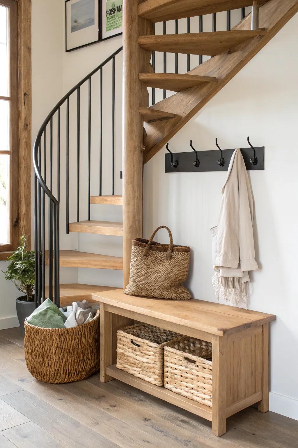 A reclaimed-wood bench and hooks create a stylish mini drop zone beside the spiral stairs.