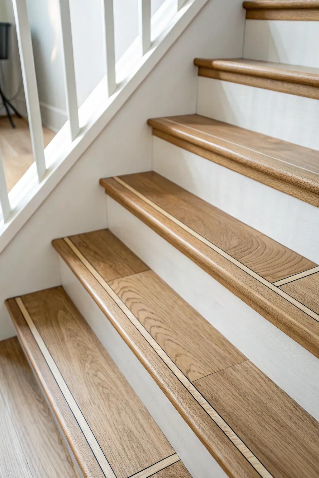 A thin inlaid stripe of contrasting stain adds a clean, tailored detail to tired stair treads.