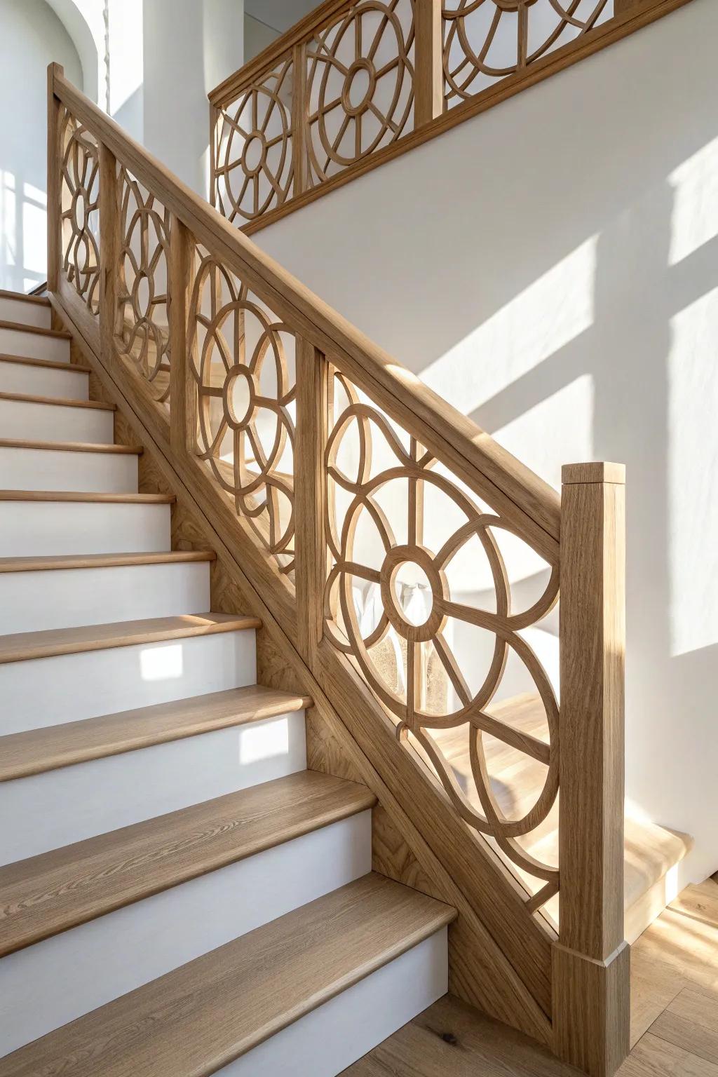 Geometric cutout oak panel railing that turns sunlight into a stunning shadow feature.