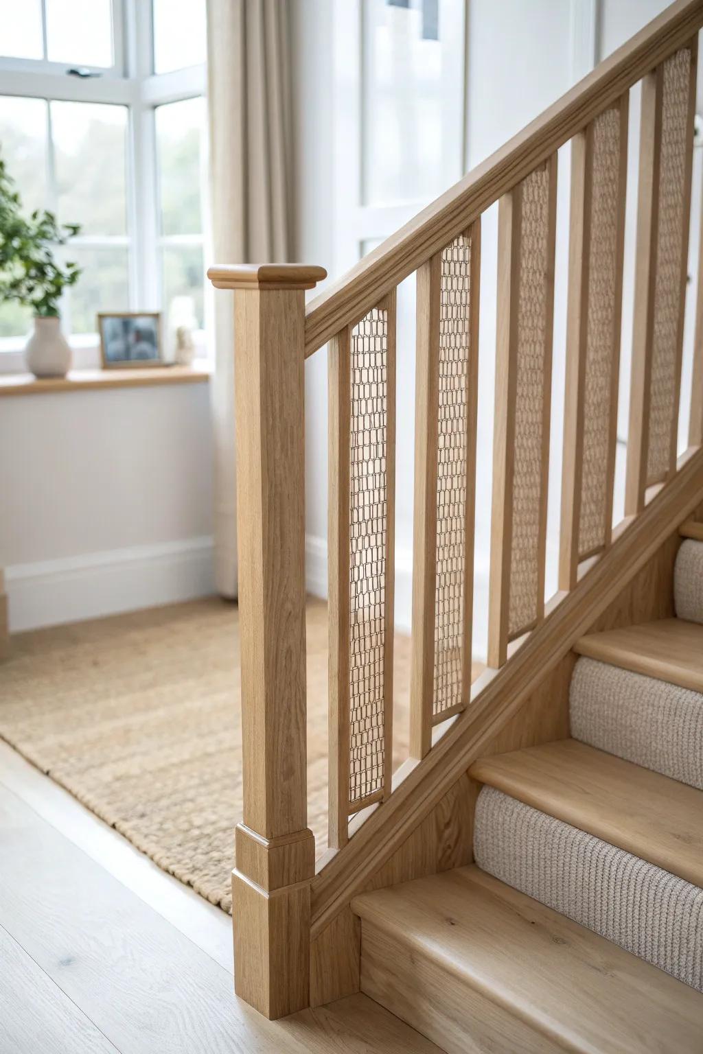 Airy woven cane infill with smooth oak handrail—minimal, vintage, and beautifully crafted.