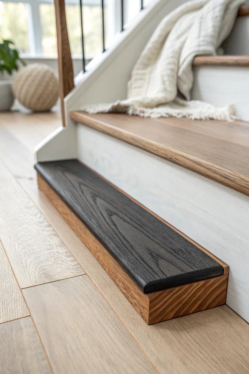 Burnt-wood stair nosing: bold black contrast with warm grain and a sealed, satin finish.