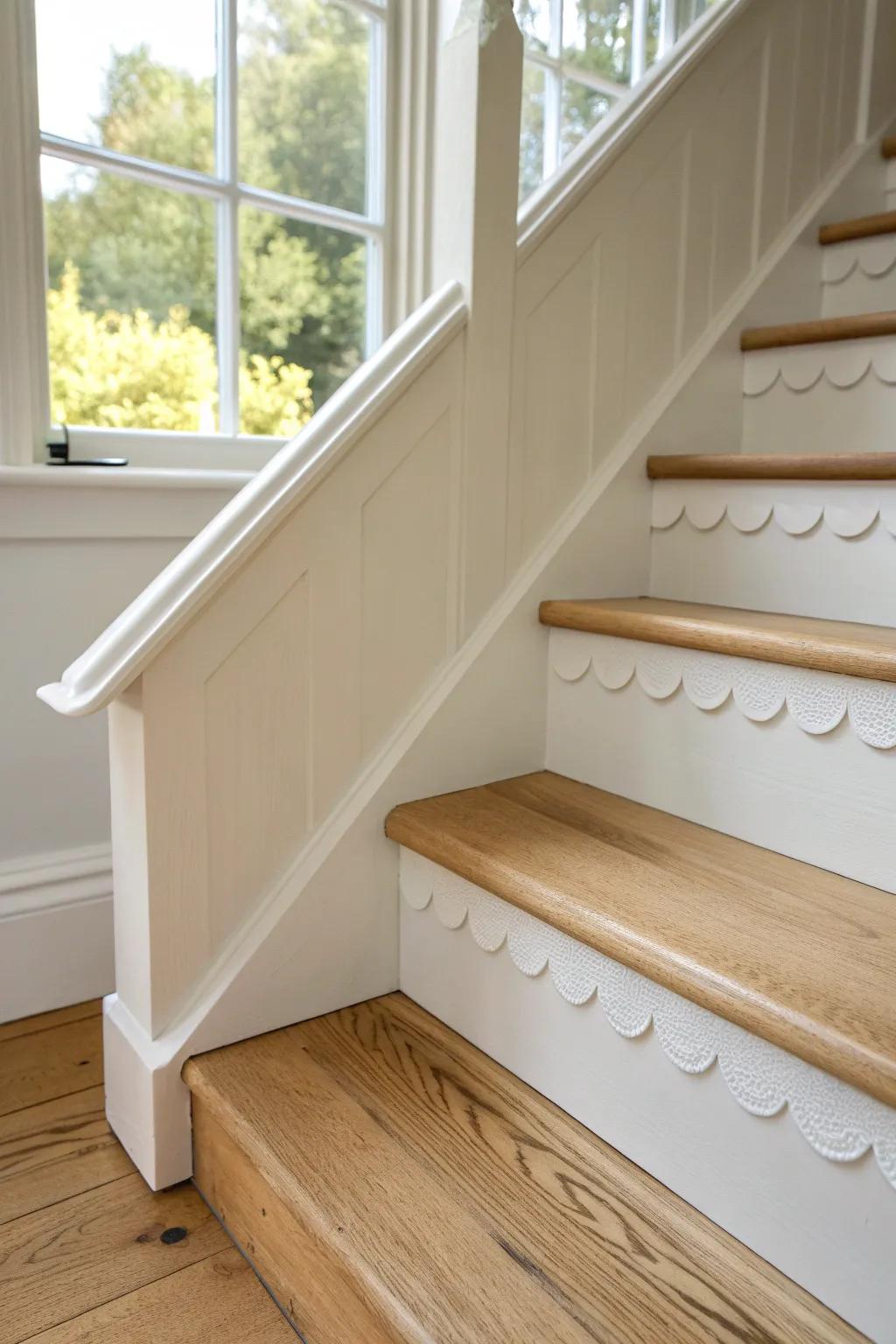 Scalloped skirt trim adds cottage charm—soft curves against clean Scandinavian stair lines.