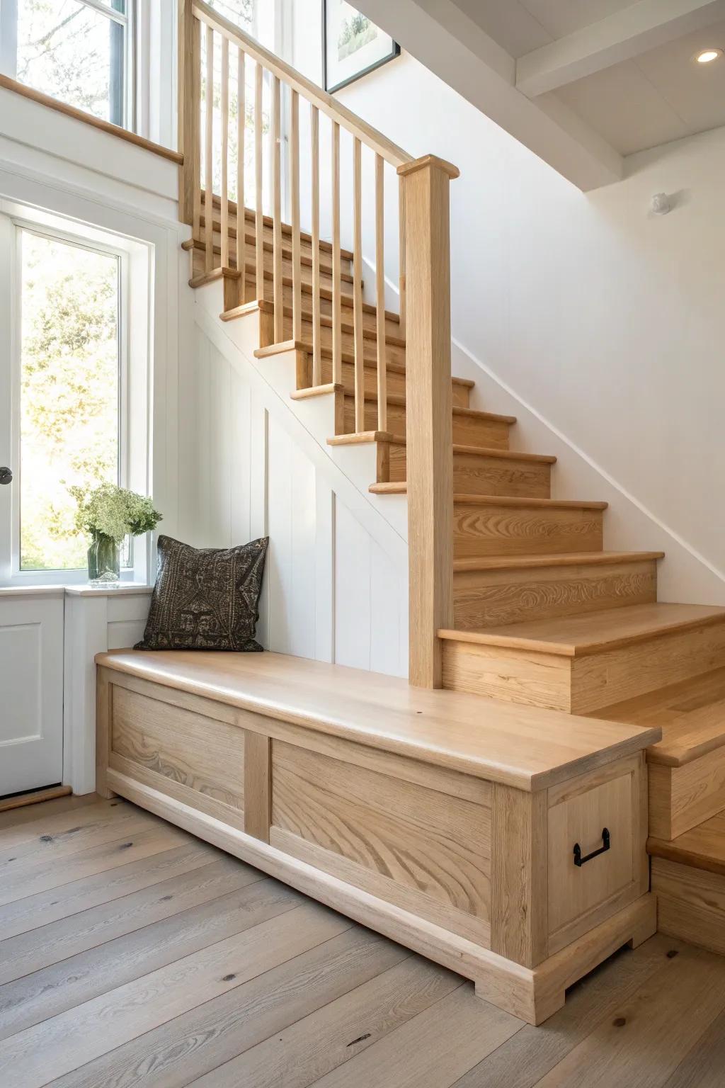 A built-in bench that becomes loft stairs—clean Scandinavian lines with hidden storage.