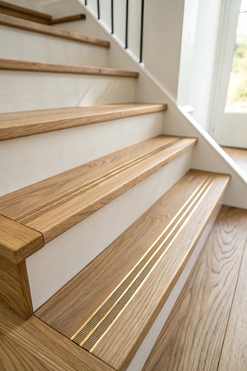 Brass inlay strips add a custom glow and crisp edge definition to bare wood stairs.