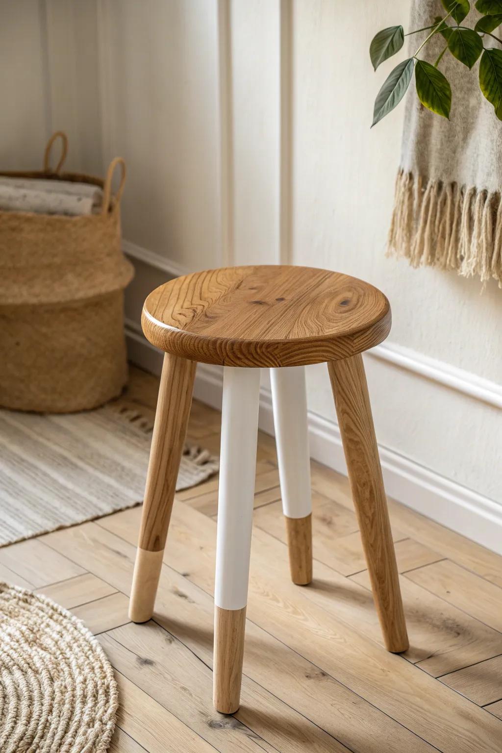 Two-tone stool charm: a stained seat with painted legs for a clean, curated finish.