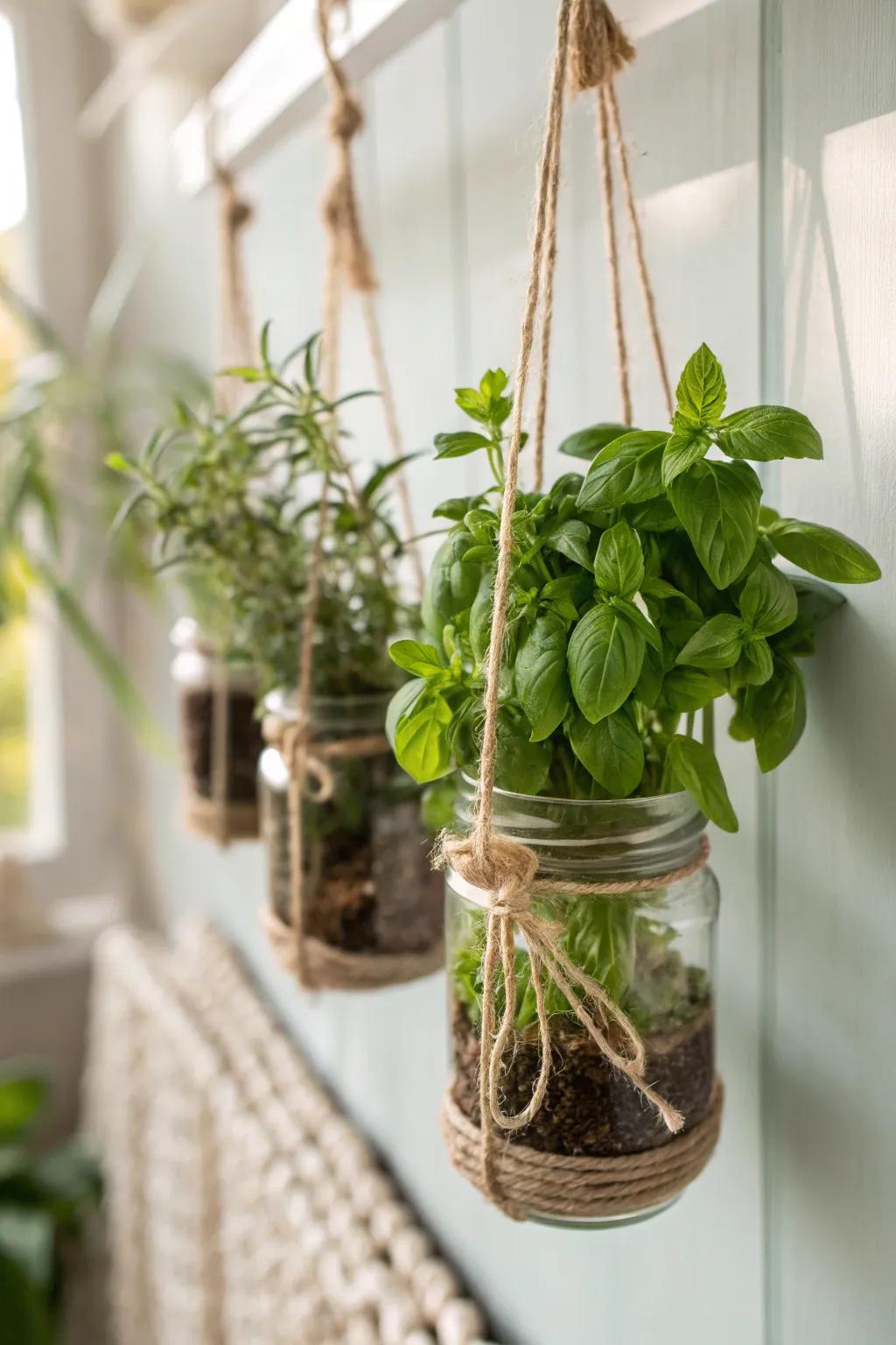 Embrace simplicity and freshness with a stunning mason jar hanging garden, perfect for your kitchen window!