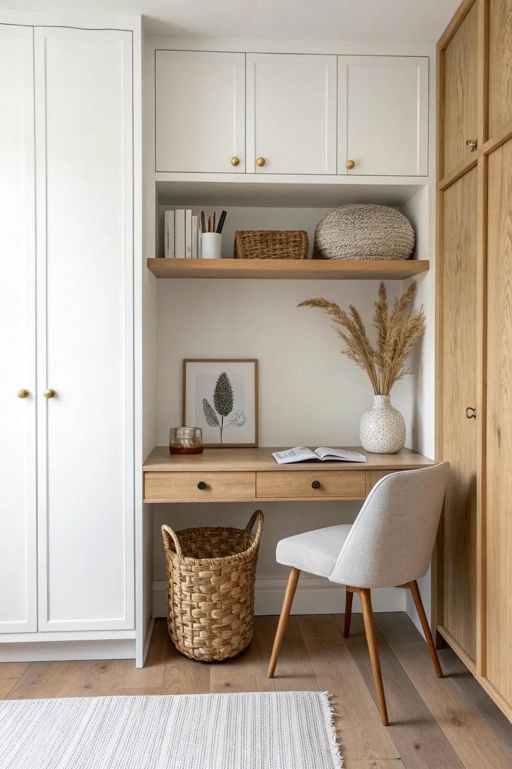 A cozy closet nook turned study desk—warm oak, floating shelves, and clean calm.