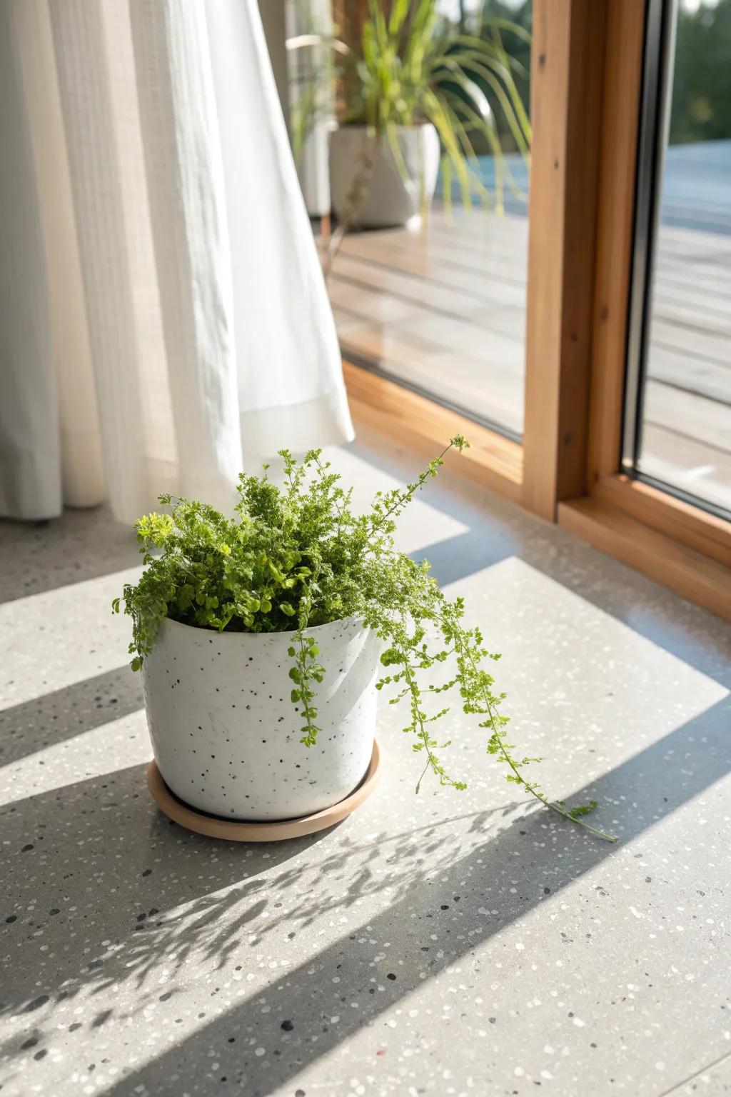 Speckled epoxy flake flooring hides grit and scuffs—perfect for plant-filled sunrooms.