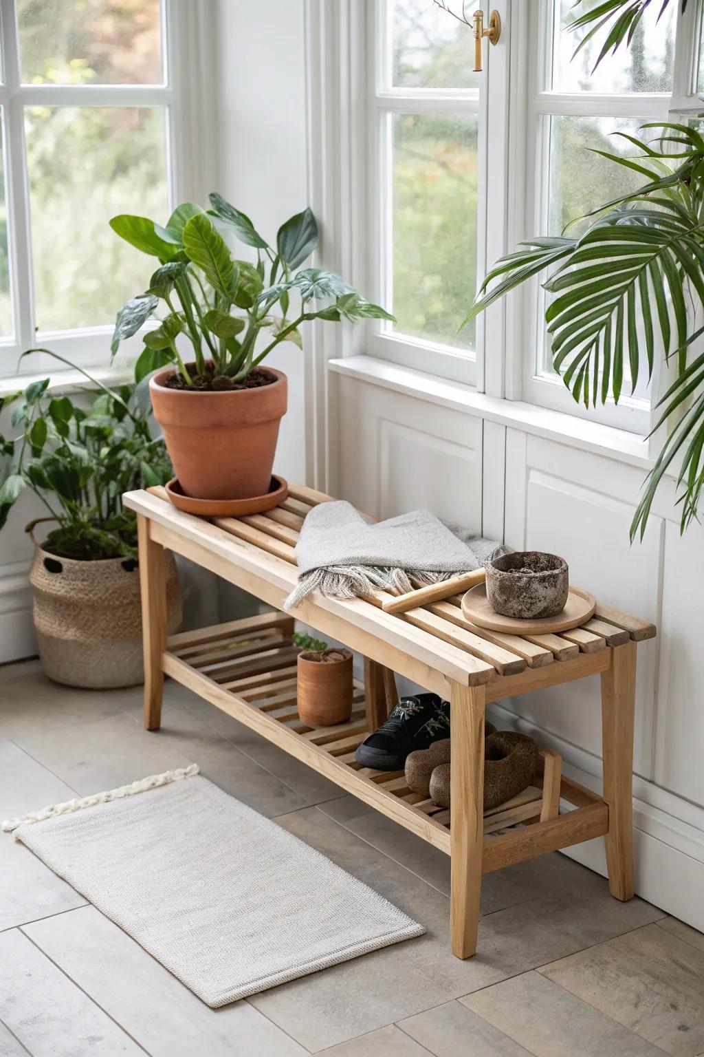 A bright oak plant bench with pull-out trays keeps sunroom potting supplies tidy and hidden.
