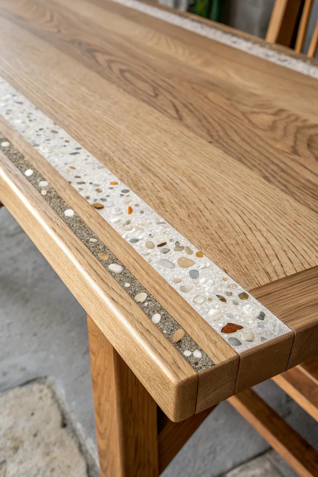 Stone-dust terrazzo inlay: a speckled strip that makes warm wood look instantly bespoke.