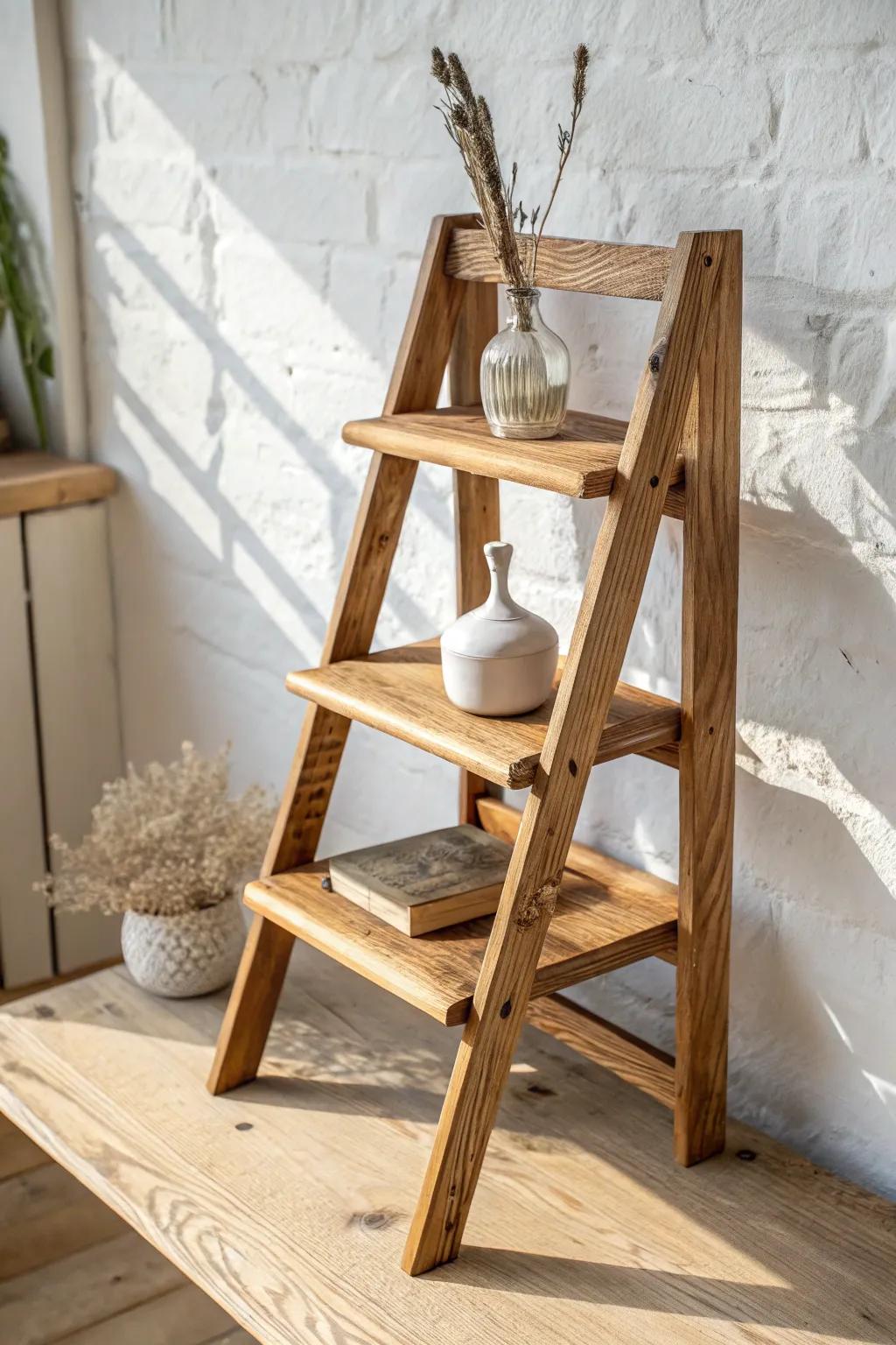Mini ladder shelf: vertical tabletop styling with rustic reclaimed wood and airy Nordic calm.