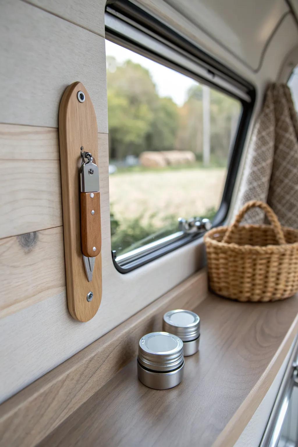 Hidden magnetic strip keeps keys and tiny tools snapped in place—no shelf space needed.