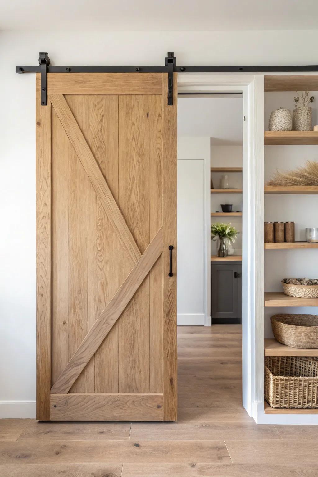 Minimal oak barn door with sleek black rail—simple boards, big pantry transformation.