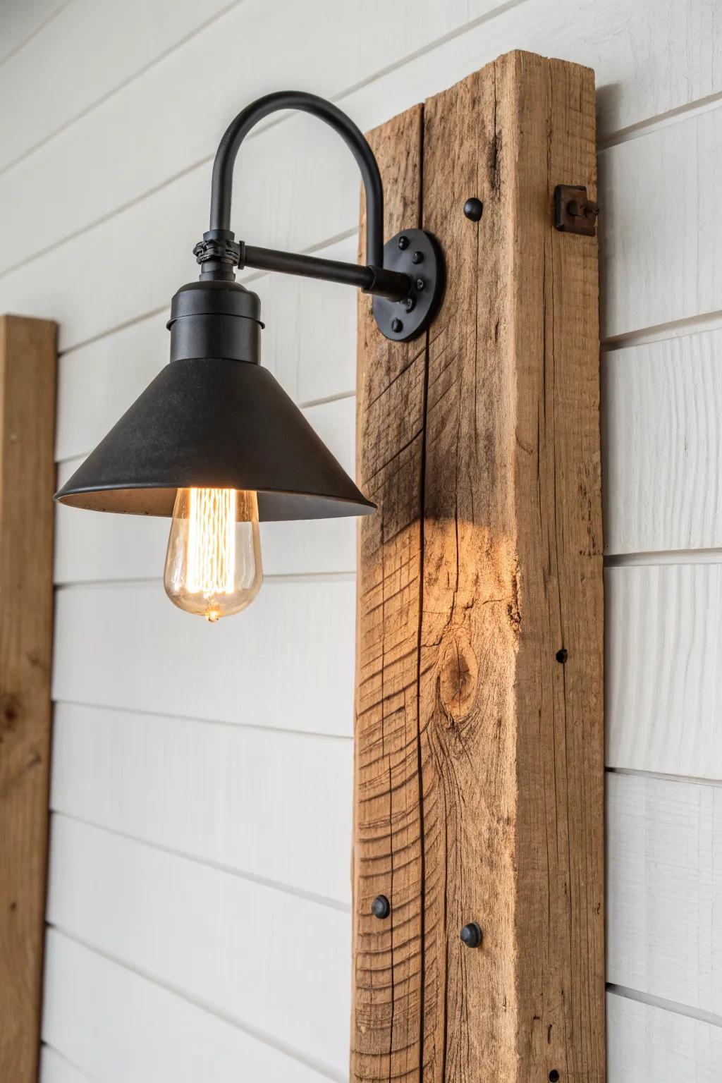 Reclaimed beam sconce + matte metal shade—timber-frame character in a clean, modern glow.