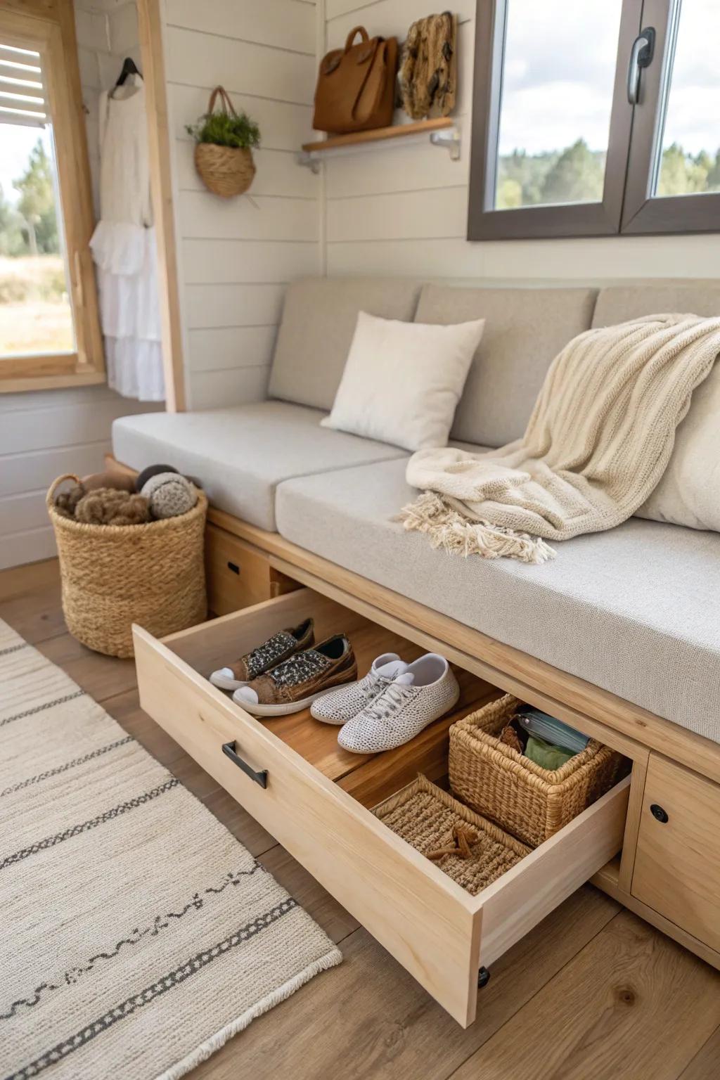 Deep pull-out drawers under a sofa platform: calm, hidden storage for tiny home living.