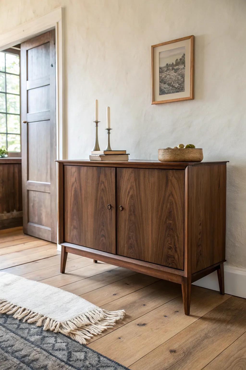 Dark walnut stains add timeless, heirloom warmth—classic tradition with modern calm.