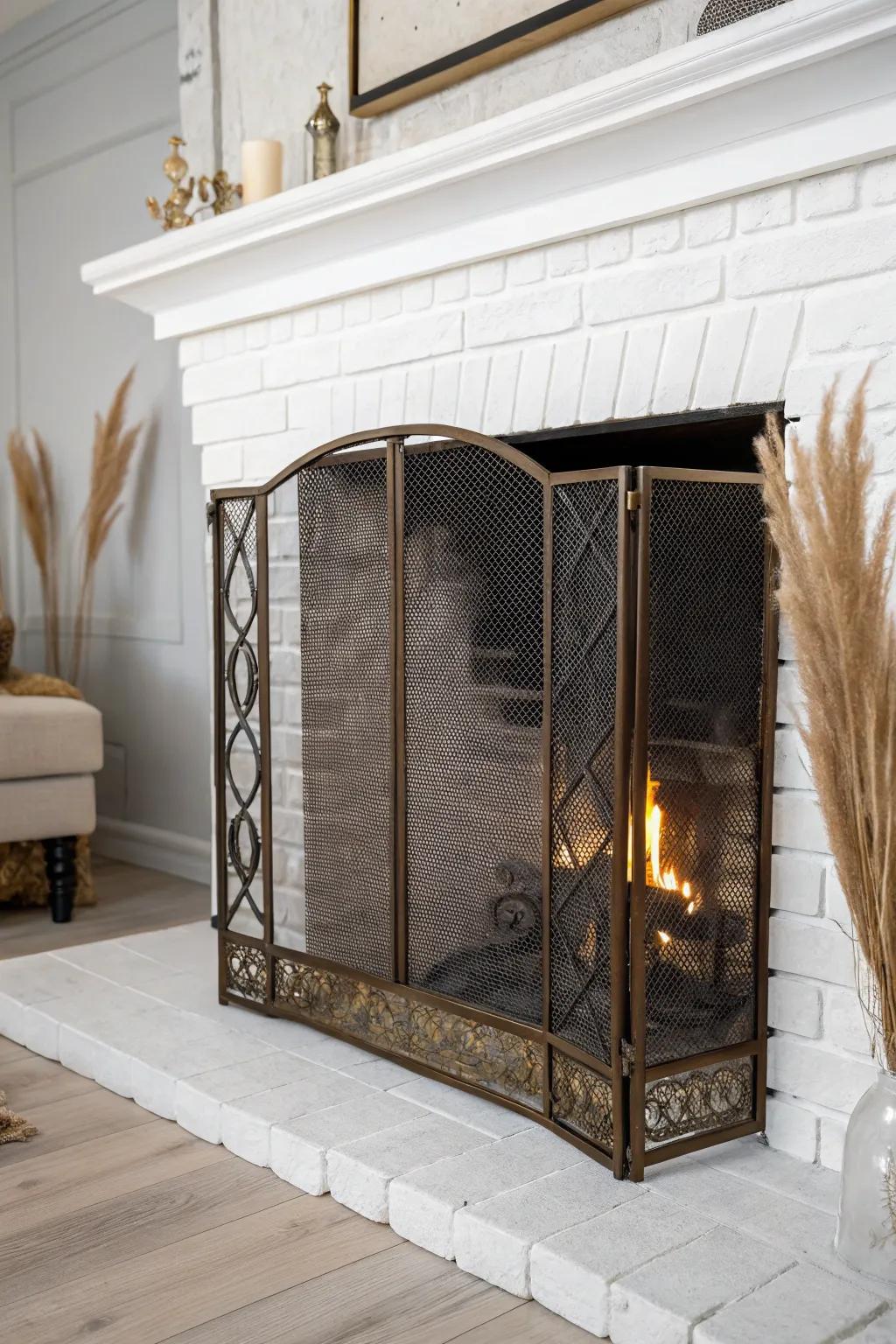 Classic brass fireplace screen with warm metal glow—timeless tradition in a minimalist hearth.