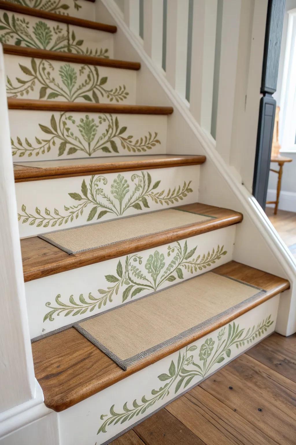 Vintage stenciled risers in muted tones—an old-world detail with a classic runner.