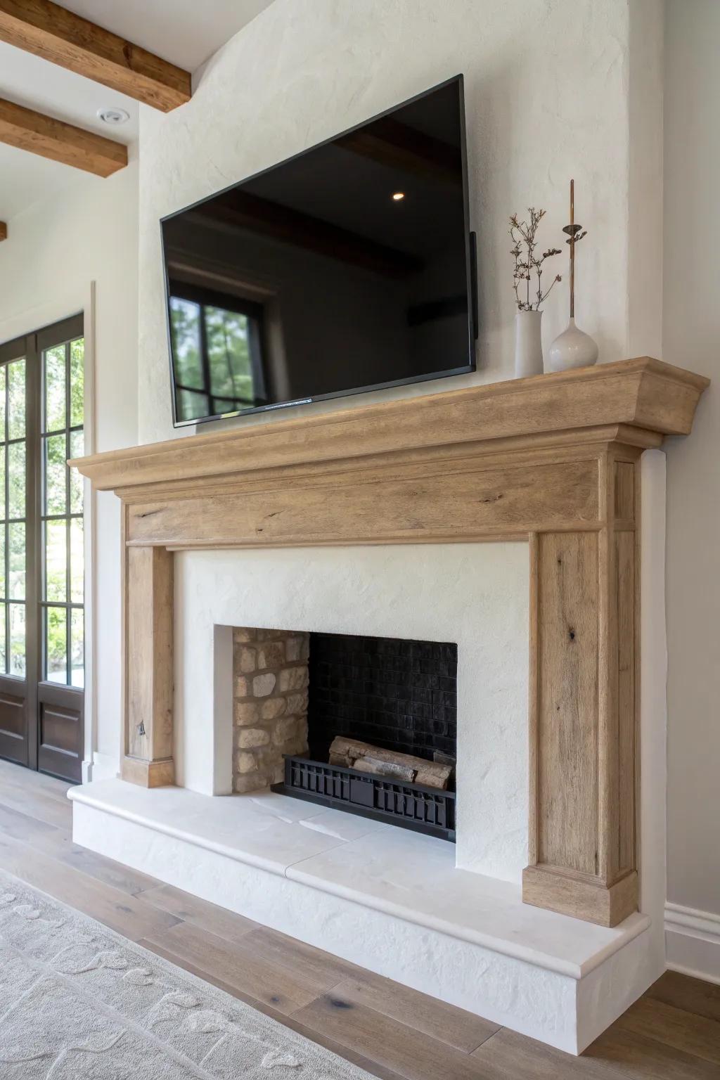 A calm recessed TV niche with hidden cables and a substantial oak mantel for timeless balance.