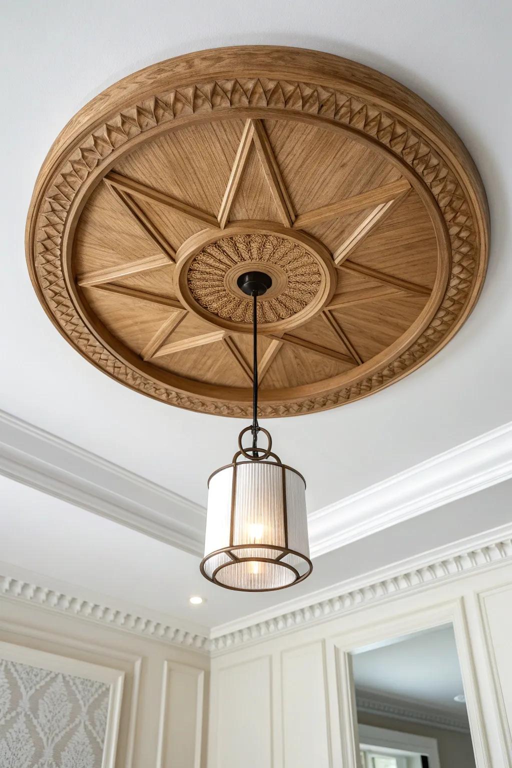 Natural wood medallion with a slim trim ring—an elegant way to finish a tray ceiling.