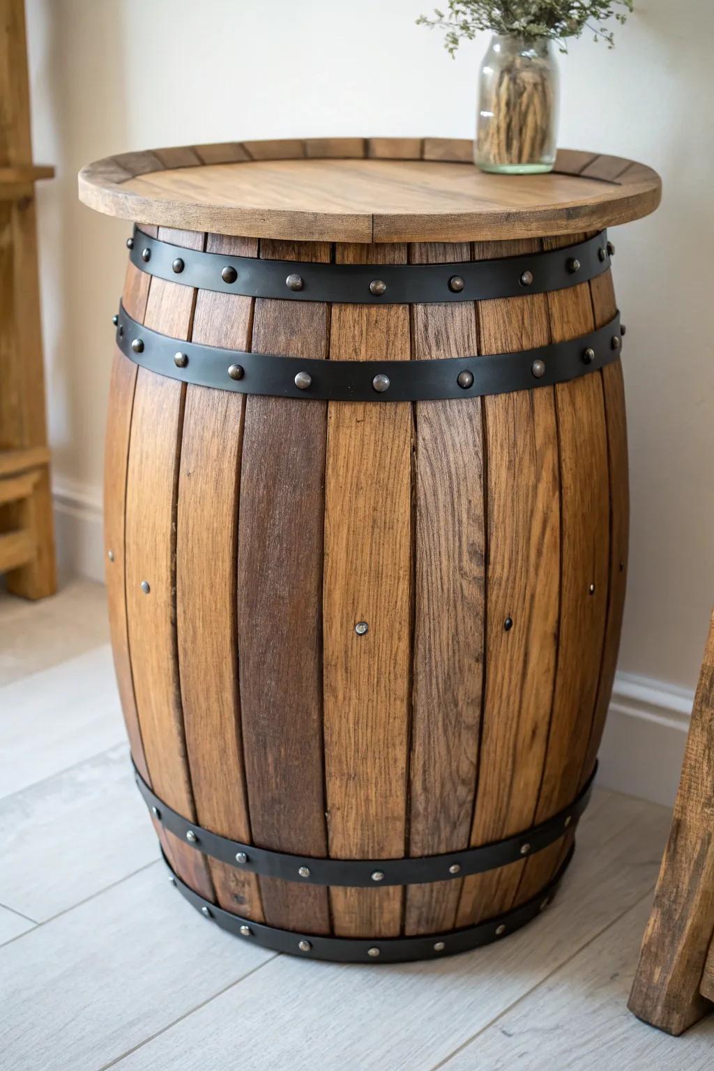 Barrel-inspired side table: warm wood slats + iron bands for effortless Tuscan charm.